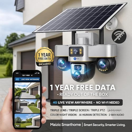 Image of Maizic Smarthome TRIGENIE 4G Solar with 1 Year Free Data | 6MPx3 Triple Lens /Screen AI Triple PTZ Outdoor CCTV Camera | 360 View | Color Night Vision | Human Detection | 2-Way Audio