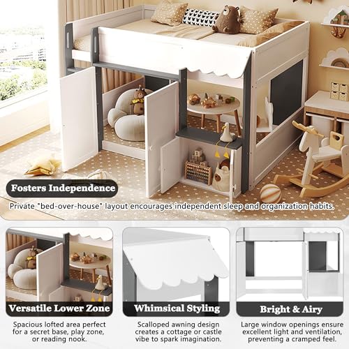 Image of Full House Loft Bed with Playhouse & Storage, Modern Wood Cabin Bed for Kids /Teens (White+Gray)