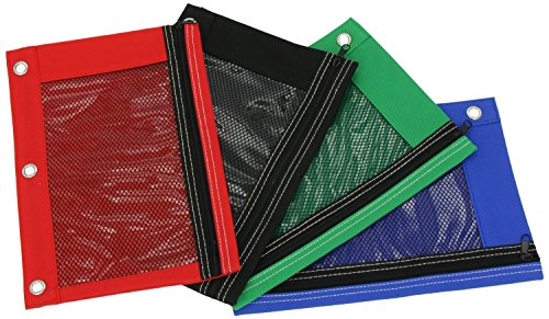 Pencil Pouch Case with Front Mesh Window & Zipper, Standard 3-Ring Binder. Stationery Wallet – Great Gift for School Students - 4 Pack