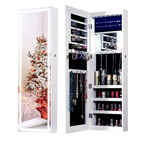 lunhung 6 LEDs Jewelry Armoire Mirror Jewelry Storage?Lockable Hanging/Wall Mount Jewelry Organizer with Makeup Mirror?Door Mount Jewelry Cabinet?Ring Earring Slots, Necklace Hooks(White)