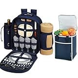Picnic at Ascot Original Equipped Backpack for 4 with Blanket - Extra Bonus Cooler - Designed & Assembled in California - Navy