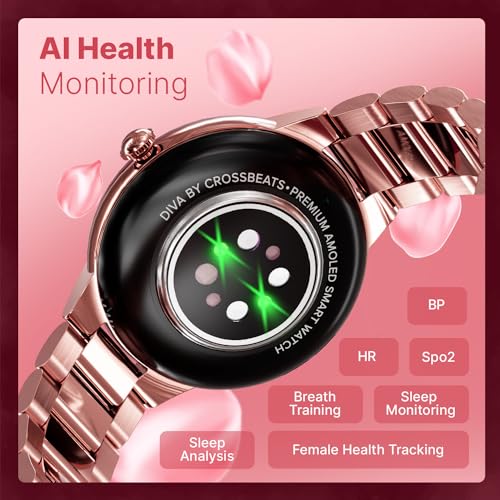 Image of CrossBeats Diva 1.28 inch Stylish Smart Watch for Women with Stone Studded Bezel| Amoled Display | Female Health Tracker | 100+Sports Modes| Premium Metal Smartwatch with Wireless Charging - (Rose Gold)