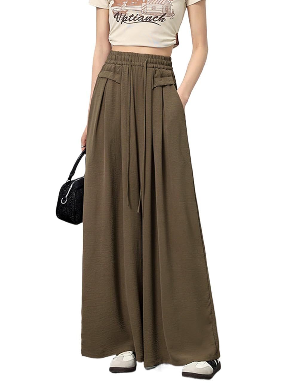 Women High-Waist Wide-Leg Pants Sporty Culottes with Pockets Casual Attire Pleated Design Pants