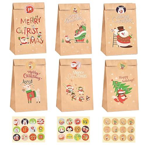 CHEPULA Bolsas Regalo Navidad, 24 Piezas Calendario de Adviento Bolsas para Rellenar, Pequeñas Bolsas de Papel Marrón con 48 Pegatinas, Bolsas de Papel Kraft para Niños Regalo Navidad