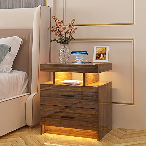 HNEBC LED Nightstand with Charging Station,Smart Bedside Table with Motion Sensor Lights,3 Drawers,Tempered Glass Top,High Gloss End Table with 3 Color Lights for Bedroom, Living Room,Office