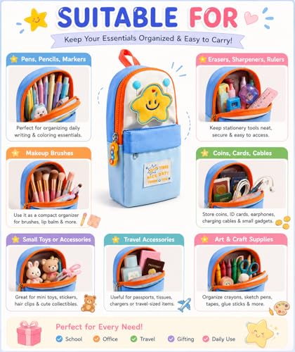 Image of Kawaii Cute Aesthetic Pencil Case for Students | Large Capacity Multi-Pocket Pencil Pouch with Zipper | Cartoon Stationery Organizer Bag for School, College & Office Supplies (Good Time - Blue)