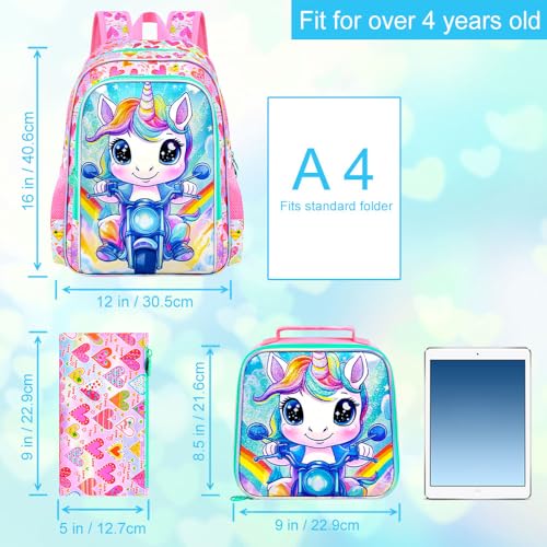 Image of 3Pcs Unicorn Backpack for Girls, 16 inch School Backpacks Set for Elementary Preschool Kindergarten, Kids Motorcycle Bookbag with Lunch Box(Pink)