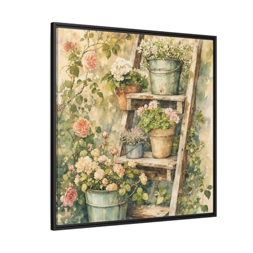 Impression aquarelle échelle vintage | Grand tableau décoration murale salon carré cadre noir