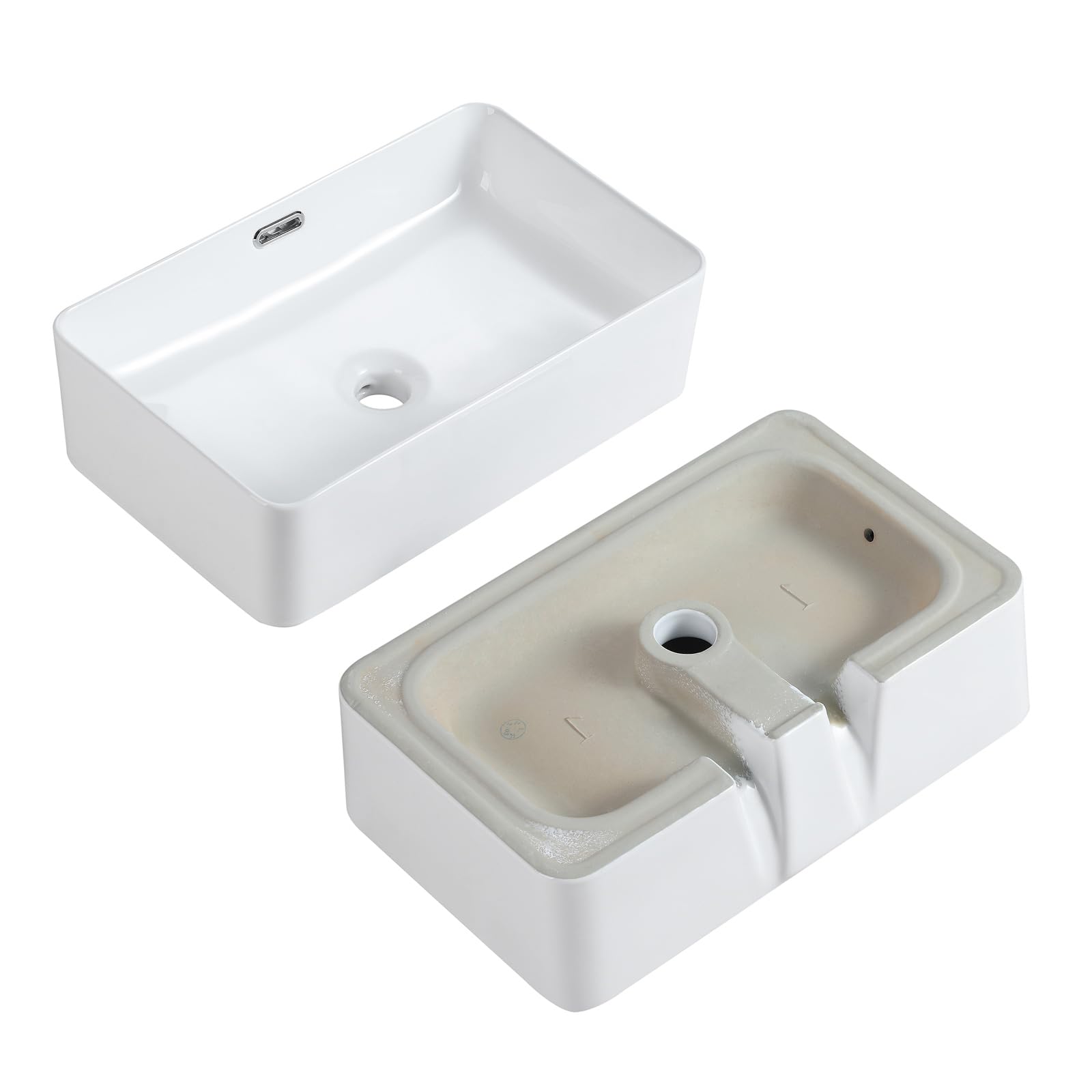 Lavabo à poser, en céramique, rectangulaire, à bord fin, pour invités, blanc, avec valve de vidange pop-up, avec trop-plein, 48 × 31,5 × 14 cm
