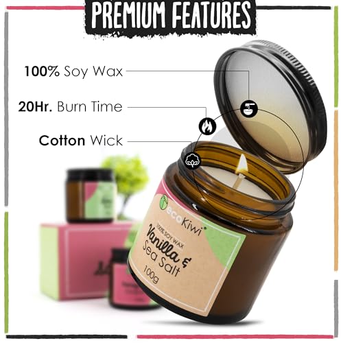 ecoKiwi Candles Gifts for Women - 3x100g - Vegan Vanilla & Sea Salt, Pomegranate & Grapefruit, Lime & Basil - Scented Candle Gift Sets for Women - Soy Wax Spa Aromatherapy Candle Set in Glass Jars - Image 3
