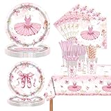 GalaHub 193Pcs Ballerina Birthday Party Decorations for 24 - Ballet Party Tableware Set with 7&9in Plates, Napkins, Cutlery Set, Tablecloth | Disposable Dance Party Supplies for Girls