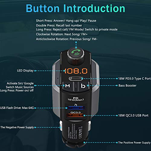 Transmissor FM LENCENT Bluetooth 5.0 para carro, QC 3.0 e Type-C PD 41W carregador adaptador de áudi