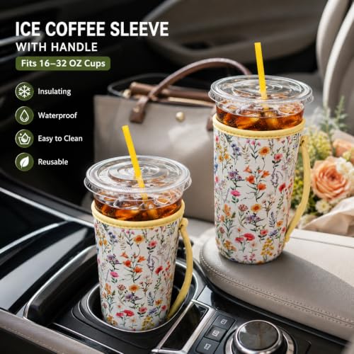 Image of KJQJLY 3 Reusable Iced Coffee Sleeves for Iced Coffee Cups or Drinks Reusable Neoprene Insulated Sleeves for Hot and Cold Drinks from Starbucks, Dunkin, And More (Wildflower)