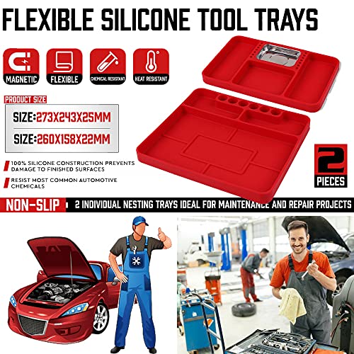 2 Piece Automotive Non-Slip Flexible Silicone Tool Organizer Trays With Magnetic Small Parts Tray | Multi Purpose Premium Silicone Tool Mats For Garage, Auto Repair And Automobile Maintenance #TOP5