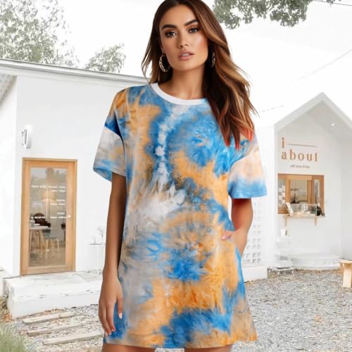 Image of MOUSYA Women Tie Dye Dress Short Sleeve T Shirt Dress Summer Casual Loose Mini Dress with Pockets