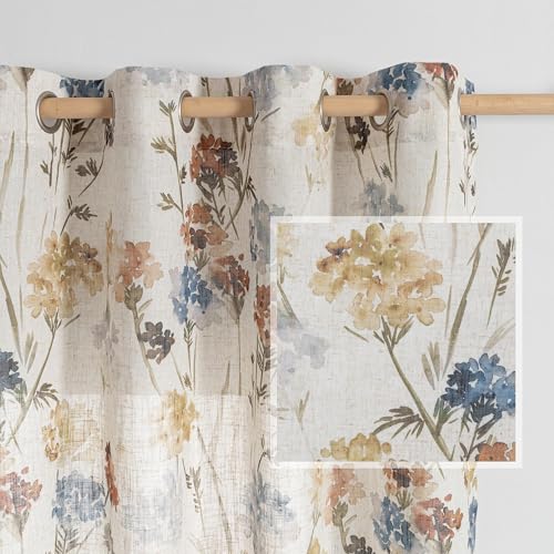 Image of MYSKY HOME Floral Linen Curtains 84 inch Length 2 Panels Set Summer Flower Patterned Semi Sheer Light Filtering Privacy Farmhouse Grommet Drapes for Living /Dining Room, Yellow, W52 x L84, Pack-2