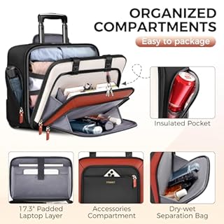 Ytonet Rolling Laptop Bag, Rolling Briefcase for Women with Lock, 17.3 Inch Carry On Laptop Bag with Wheels, Roller Bag with Insulated & Waterproof Pocket, Teacher Bag for Work Travel Business College