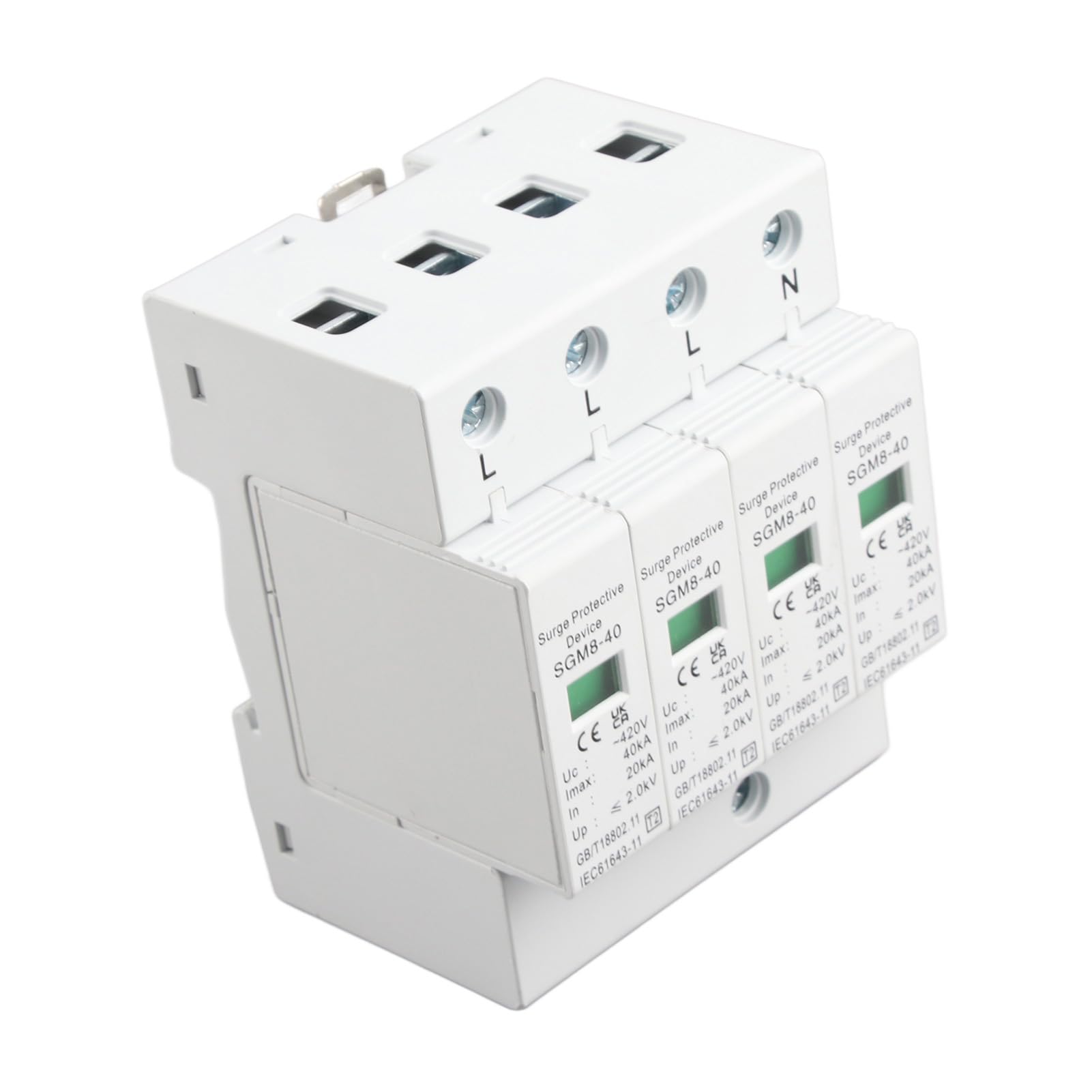 Scaricatore di Sovratensione 4P 40KA, Protezione Contro i Fulmini, Guida DIN, Dispositivo di Sicurezza a Basso Voltaggio per Impianti Elettrici