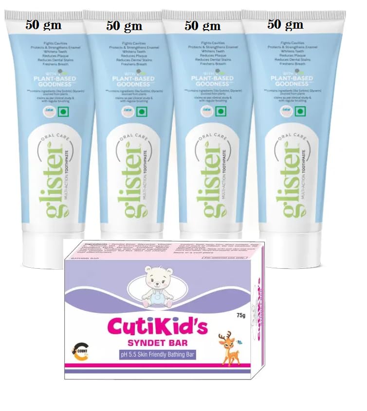 Amway Glister 50 Gm Pack Of 4 Bad Breath Treatment, Plaque Removal Toothpaste For White And Healty Teeth Cuti Kids Soap(75 G)