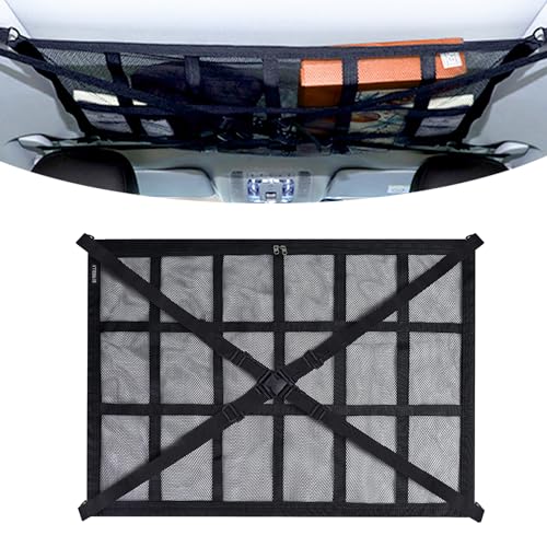 BITREELLA Car Ceiling Cargo Net Pocket, Adjustable Cross Strap Roof Storage Net, Strengthened Load, Mesh for Camping, Overlanding, Fits Pickup Trucks, Ford SUVs (31