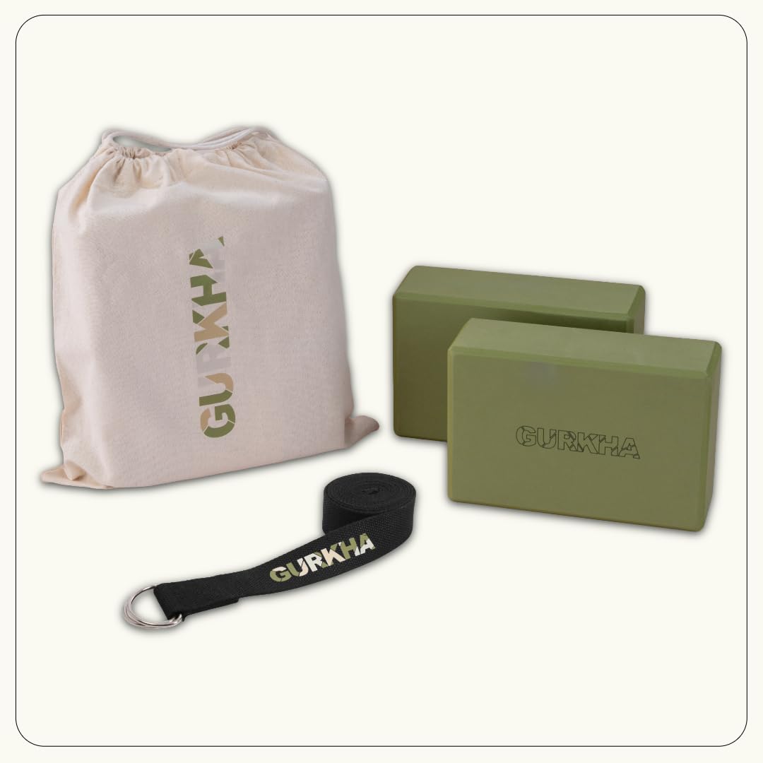 GURKHA Edge™ Yoga Block + Belt Combo | Carry Bag |Set of 2 | High-Density EVA Support for precision Grip & Alignment | Non-Slip Edged Design for Balance & Strength Training | 3X6X9 in (Deep Forest)-image-21