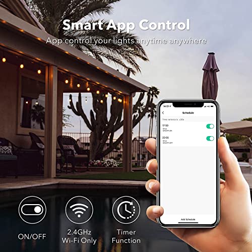 Hbn 48Ft Outdoor String Lights-Smart Outside String Lights-15 Led Bulbs Dimmable & Shatterproof, 2.4 Ghz Wi-Fi & Bluetooth App Control, Works With Alexa/Google Assistant, Ip65 Waterproof & Extendable #TOP1
