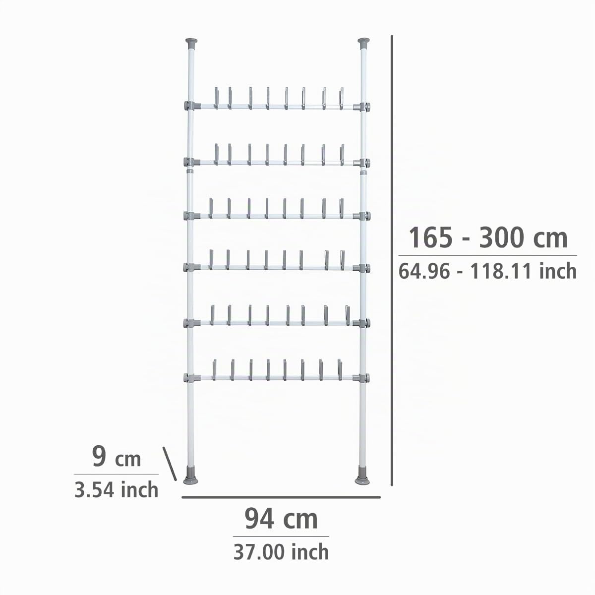 WENKO Teleskop-System Herkules Shoes, verstellbares Schuhregal für 48 Paar Schuhe & Stiefel, für den begehbaren Kleiderschrank, aus pulverbeschichtetem Metall, 94 x 165-300 x 9 cm, Weiß