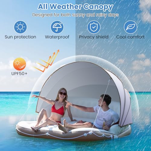 Image of S AFSTAR Pool Float with Canopy, Inflatable Floating Island 2 Person with UPF50+ Detachable Sunshade, 2 Cup Holders, Max Load 440 Lbs, 71 inch x 71 inch Heavy Duty Pool Lounger Floats Adult for Lake, Beach
