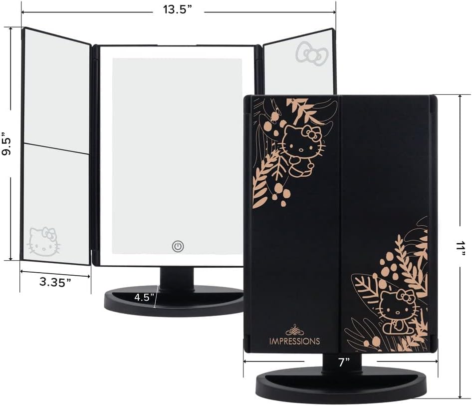 Impressions Vanity Hello Kitty Mirror with Lights, Trifold LED Tri Tone Makeup Mirror with Touch Sensor and Three Adjustable Mirror Panels, Handheld Magnifying Makeup Mirror (Black) - Image 2