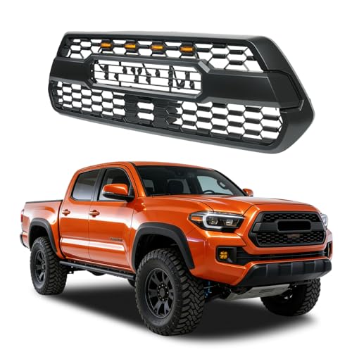 HDQQ Front Grill Compatible with 2016-2023 Toyota Tacoma SR / SR5 / TRD Matte Black Replacement Front Bumper Grill ABS Bumper Grille Assembly with Amber LED Lights & Letters