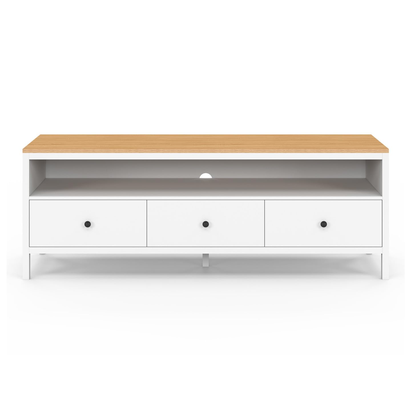 IDMarket - Meuble TV 140 cm Achille 3 tiroirs Blanc et Plateau Bois