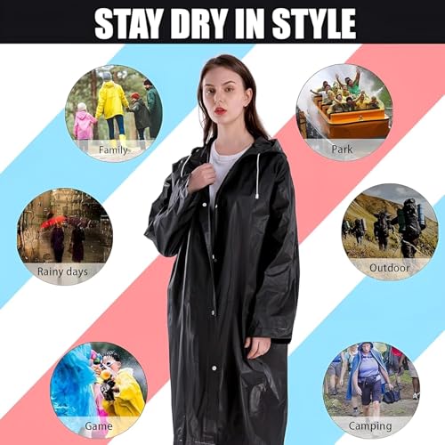 Image of ORILEY EVA Waterproof Raincoat for Men & Women with Hood Reusable Lightweight Rain Poncho Full Sleeves Rain Coat with Button Closure Outdoor Rainwear for Camping Hiking & Travelling (Free Size, Black)