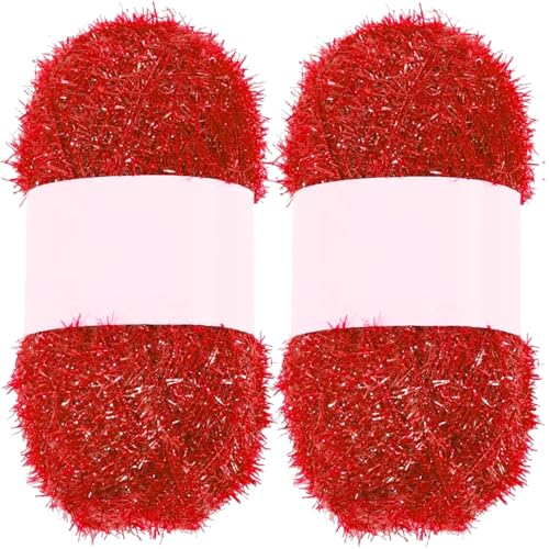 Glitzergarn, Sparkle-Garn 2pcs Schnelltrockner Polyester-Glitzer für Geschirrtücher weiche und komfortable Truboo für Geschirrtücher, Peelingwaschlappen, Häkel- und Strickbedarf, rot