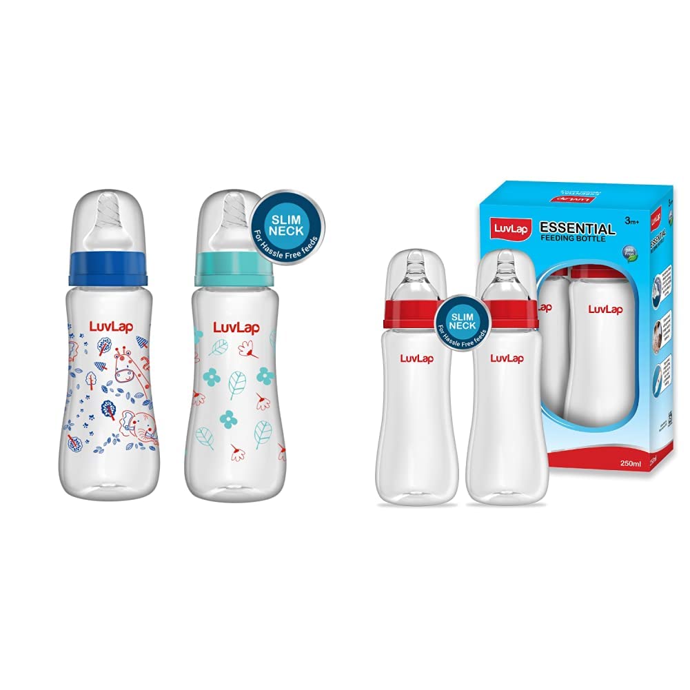 Luvlap Anti-Colic Slim/Regular Neck Essential Baby Feeding Bottle, 250ml, Pack of 2, Wild Flower & Jungle Tales (Green/Blue) & Slim/Regular Neck Essential Baby Feeding Bottle, 250ml, Pack of 2