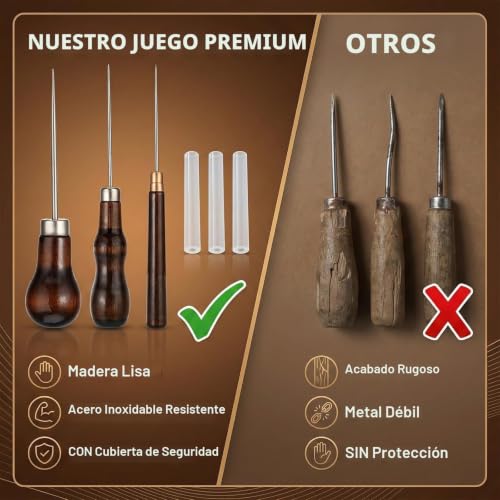Miniatura 5 de Jyxnu 3pcs Lezna Coser Cuero Punzón, Punzón Con Mango De Madera Lezna, Herramientas De Costura Para Bricolaje,Ideal Para Coser, Reparar Y Crear Proyectos En Cuero