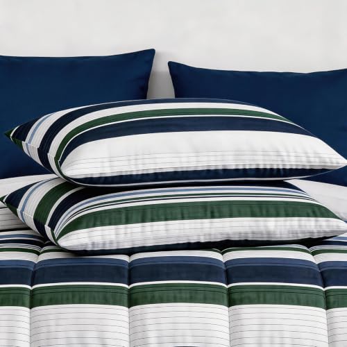 Image of Monbix Queen Comforter Set - 7 Pieces Bed in a Bag Queen, Indigo Blue-Stripe Bedding Sets, All Seasons Comforter Bed Set with Sheets, Pillowcases & Shams