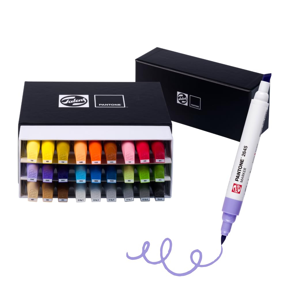 Talens | Pantone Marker 27er Set | Dual-Tip-Stift mit Pinselspitze und Keilspitze | Wasserbasierte, pigmentierte Tinte in Pantone-Farben