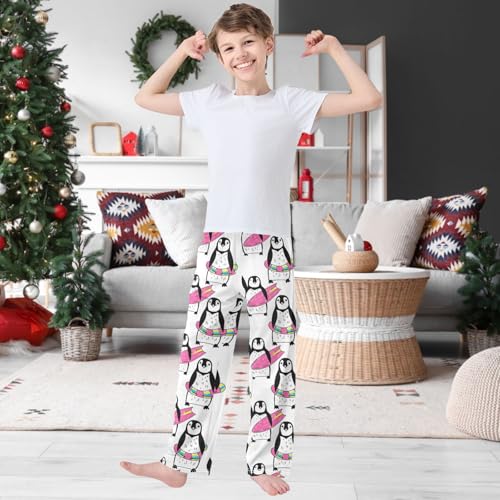 Boy's Pj Pants Penguin Pink Life Buoy Surfboard Lounge Bottoms Elastic Waist Kids Joggers with Pockets Size 6-142