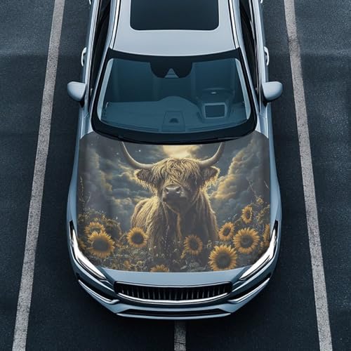 Image of Elastic Polyester Car Hood Cover,A Removable Automotive Accessory with Easy Installation for Car Hood Decoration and Protection-Sunflower Cowhide