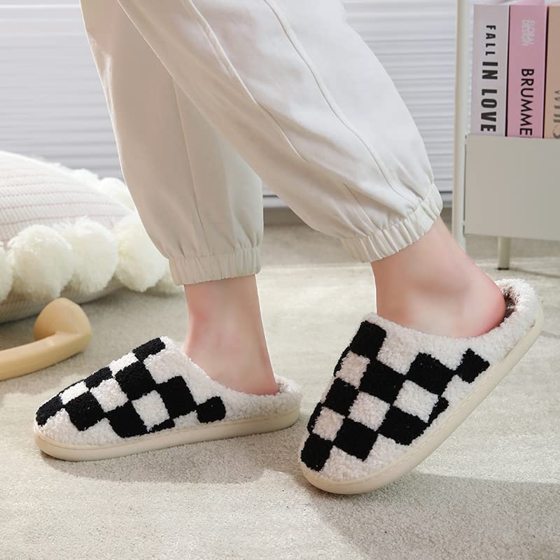 Generic Checkered Slippers for Women Men House Slippers Funny Fluffy Slippers Winter Shoes Outdoor Indoor Warm Plush Bedroom Slippers Blue 37-383