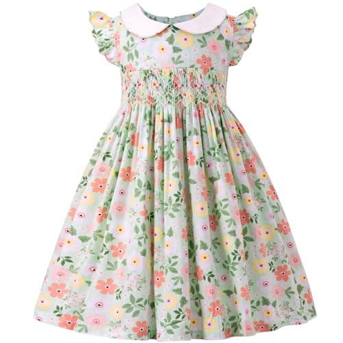 KOGWER Smocked Baby Girl Clothes Green Floral Dress 2Nd Birthday