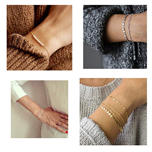 Softones 12pcs Simple Silver Gold Bracelets for Women Girls Cute Pearl Bracelet Tiny Charm Dainty Handmade Bracelet Set Adjustable - Image 4