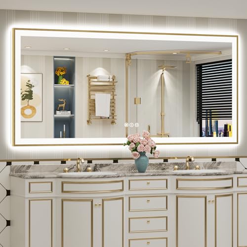 AWANDEE 84x40 Gold Framed LED Bathroom Mirror with Lights, Backlit & Front Lit, Anti-Fog Metal Frame...