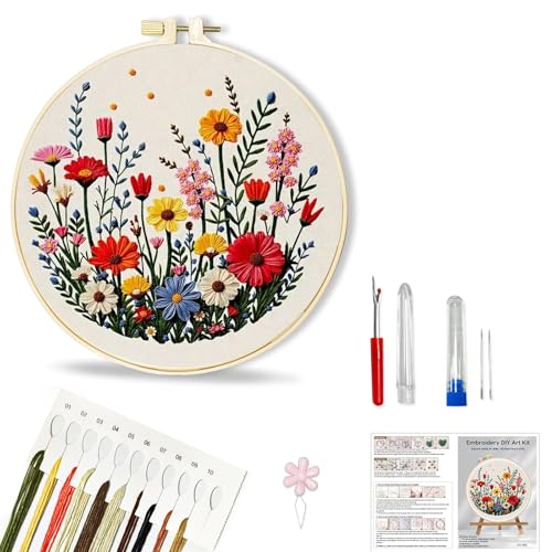 Image of Huacan Embroidery Kit Flower Pattern Practice Kit, Including Instructions, Embroidery Hoop, Cloth, Needles and Thread for DIY Craft