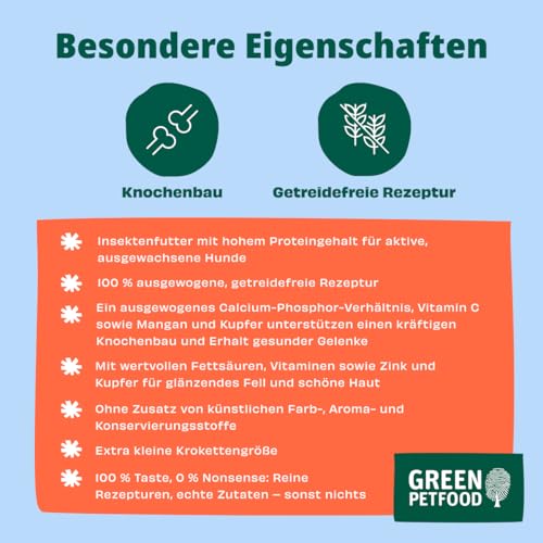 Green Petfood InsectDog High Protein mit Insekten & Lachs (1 x 3 kg) | Adult | Premium Trockenfutter für ausgewachsene aktive Hunde | mit roten Linsen | kleine Krokette | getreidefrei | 1er Pack