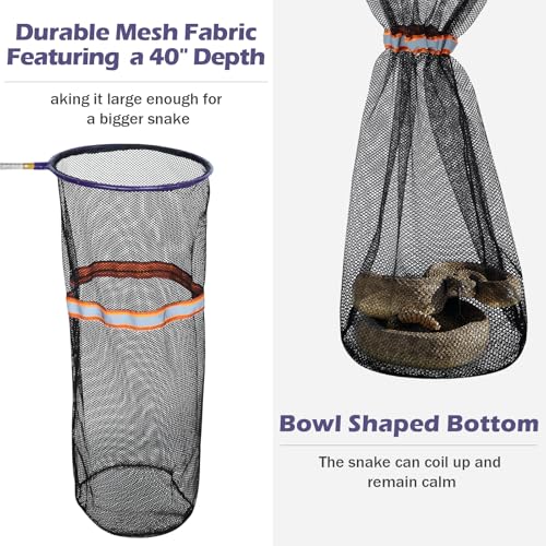 Image of Snake Catcher Net, Rattlesnake Grabber Handling Tool Reptile Closure Net Snake Grabber Tool with 16 inch to 60 inch Telescopic Pole Stick, 12 inch Ring, Secure Drawstring for Transporting and Capturing Snakes