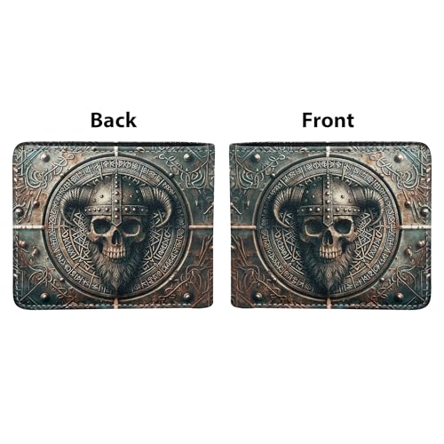 Viking Skull, Norse Skull Leather Men Bi-fold Wallet, Slim Card Holder, Gifts Wallet for Men, P2