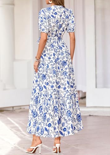 Image of PRETTYGARDEN Women's Summer Boho Floral Maxi Dresses | Bohemian Flower, Short Sleeve V Neck, Fit and Flare, A Line, Flowy Tiered, Belt Pocket, Wedding Guest, Beach Vacation Outfits