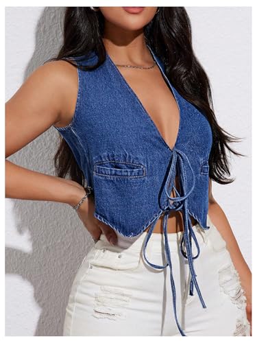 OYOANGLE Women's Tie Front Crop Denim Vest Y2K Sleeveless Jean Tank Tops Streetwear3