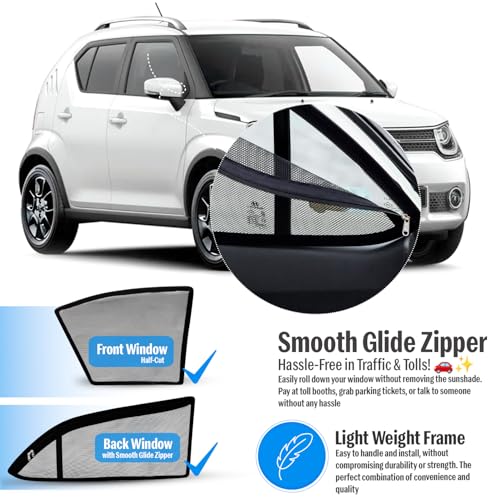 Image of Autofact Magnetic Car Sunshades Compatible with Maruti Ignis (Set of 4) - Easy Installation, UV Protection, Keeps Car Cool (Front 2 Half-Cut for Side Mirror Visibility, Rear 2 with Zippers)